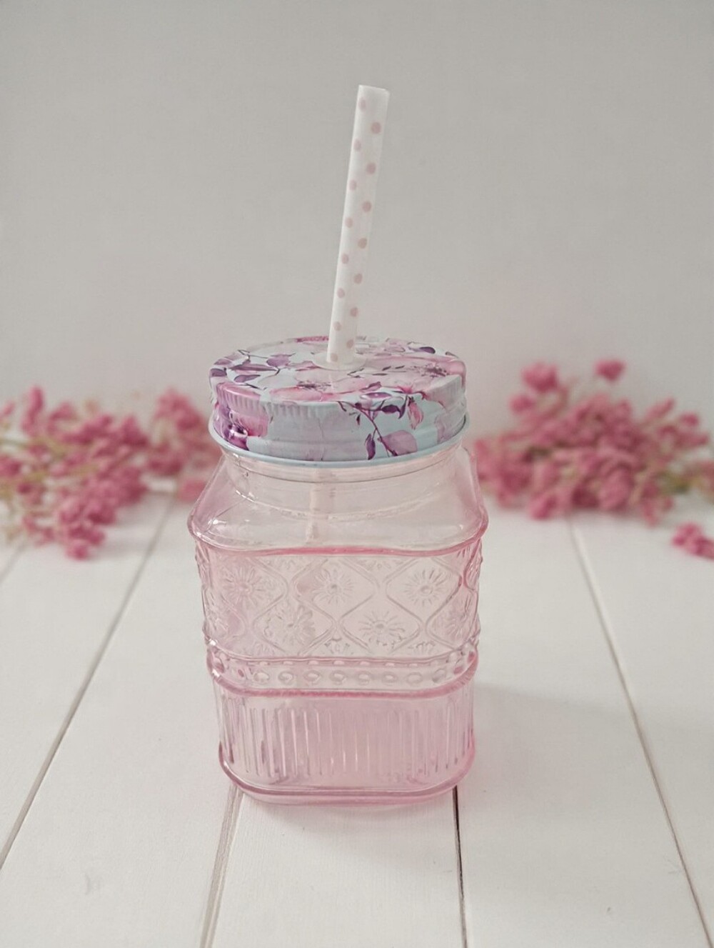 Pink Floral Glass Jar Cup with Straw Cottagecore 5”
